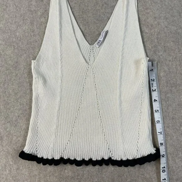 Zara Cream Sleeveless Crochet Knit Bottom Ruffle Crop Sweater Tank Top V Neck SM - Picture 8 of 9
